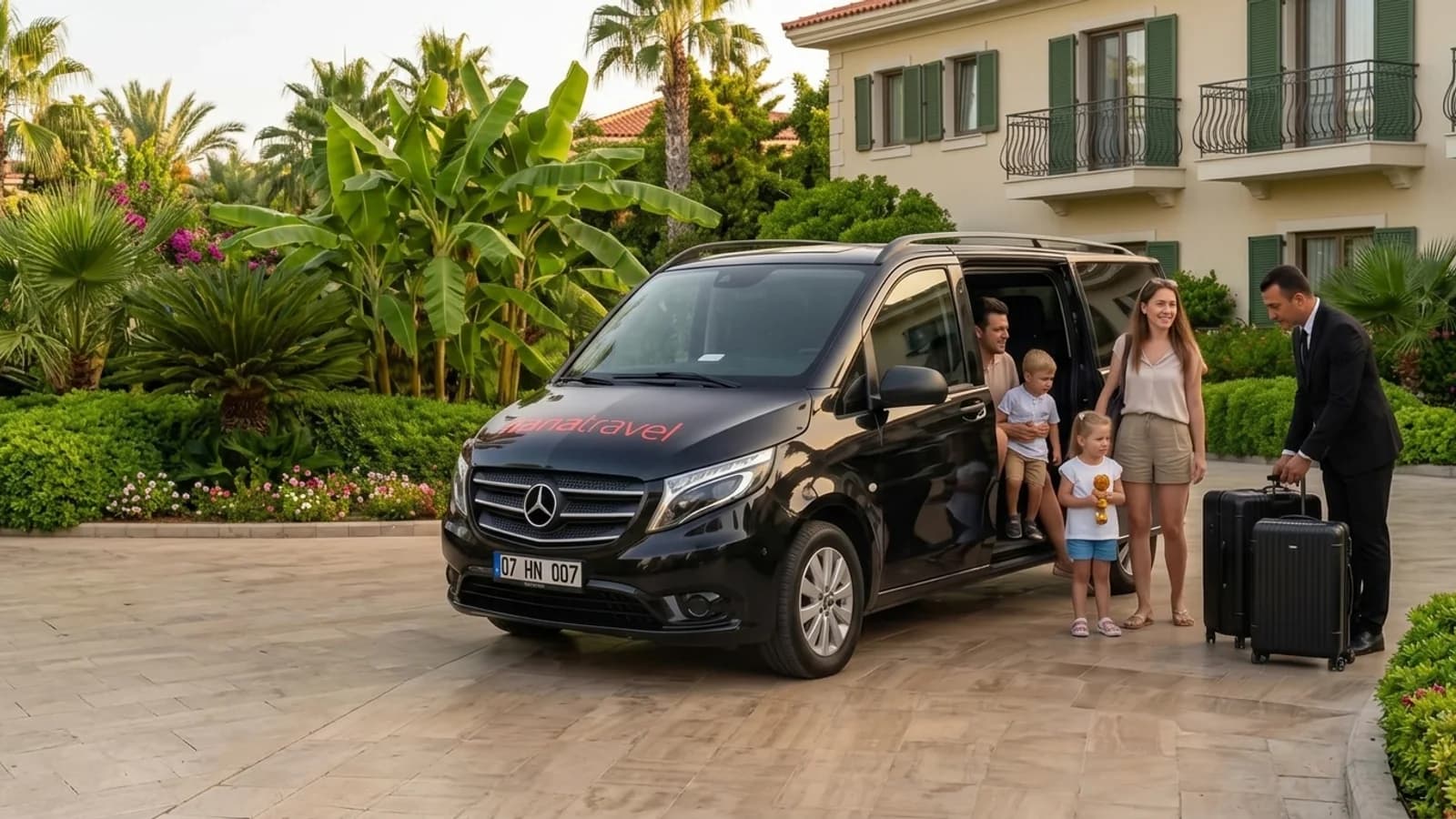 A black transfer van parked on a quiet palm-lined driveway near a resort in Antalya.