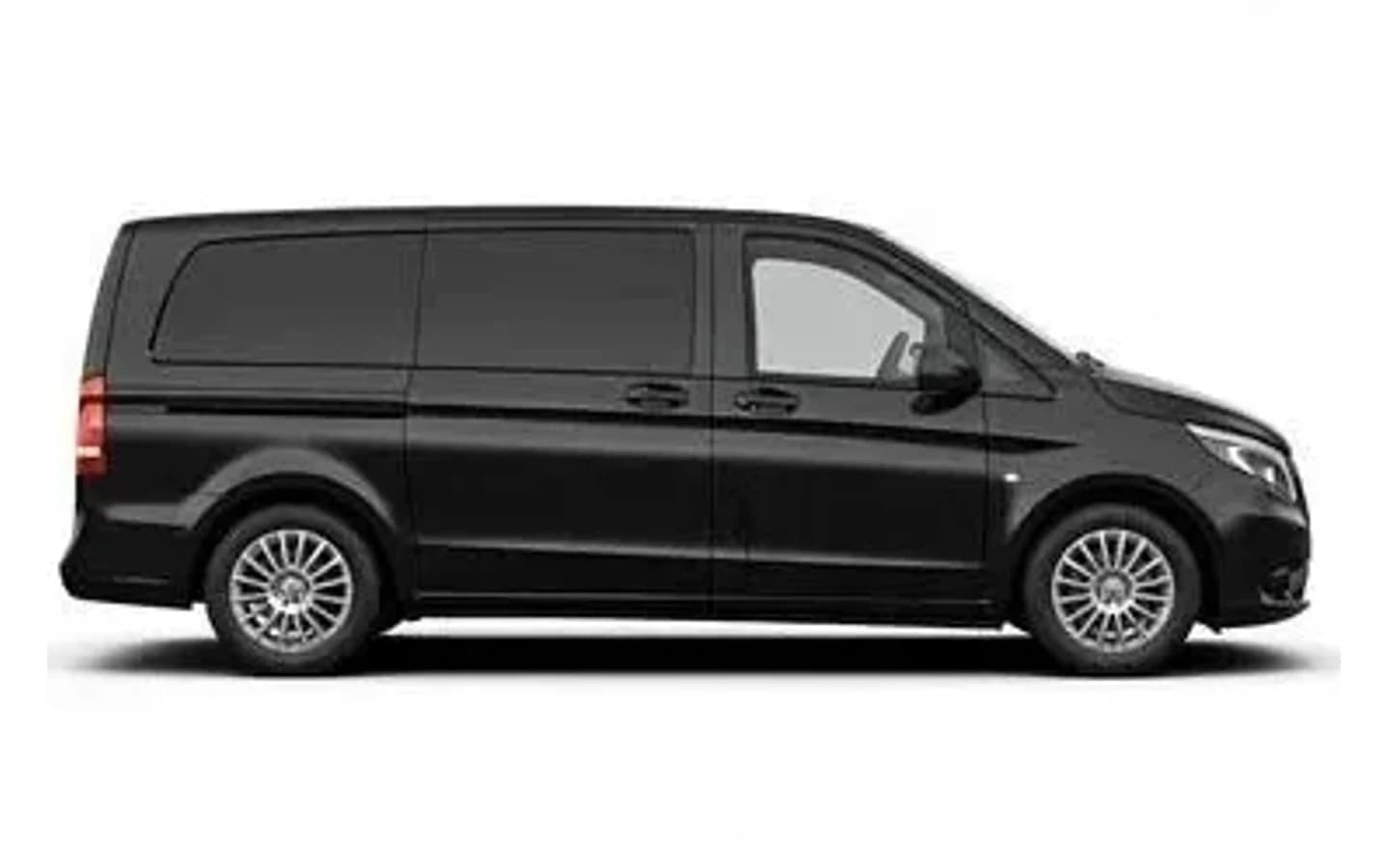 Side view of a black Mercedes-Benz Vito on a white background, used for Antalya Airport transfers.