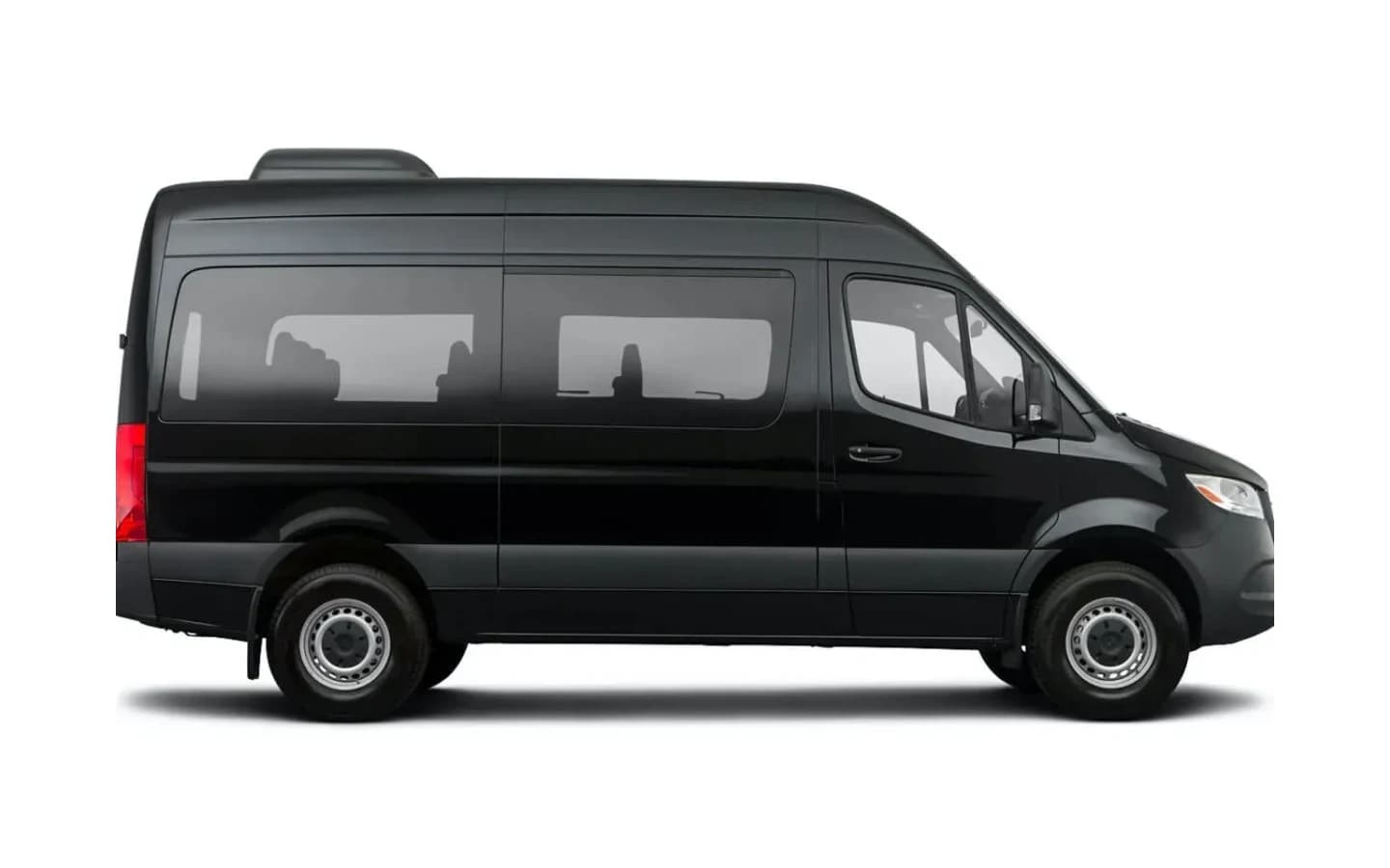 A side view of a black Mercedes-Benz Sprinter on a white background for airport transfers.