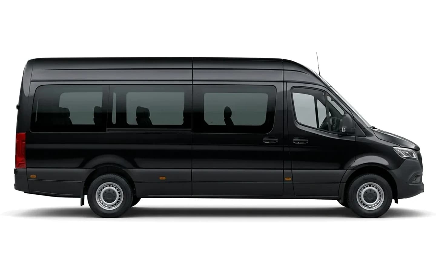 A black Mercedes-Benz Sprinter 516 for Antalya Airport transfers, shown from the side on a white background.