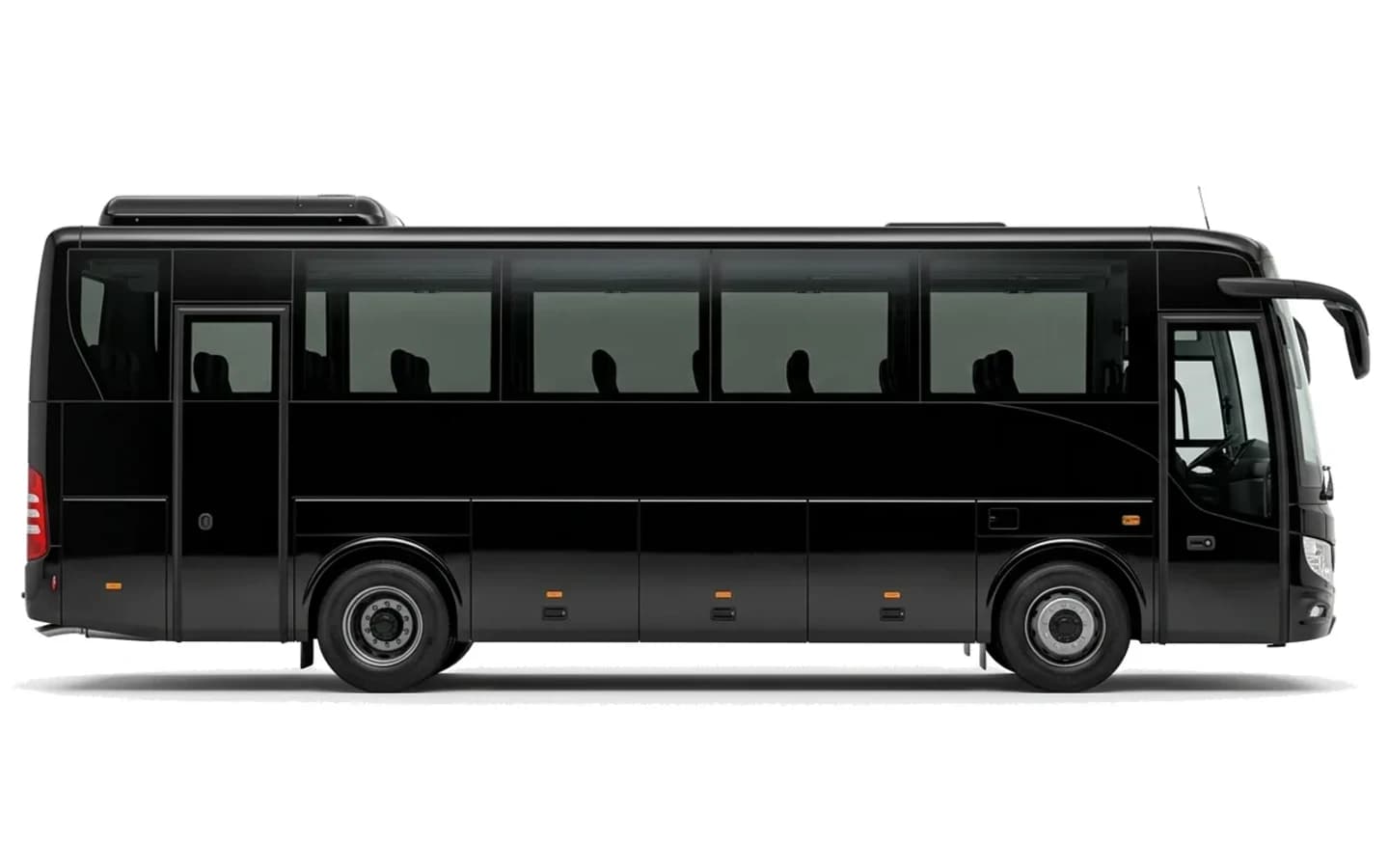 A side view of a black Isuzu Novo Ultra bus on a plain white background.