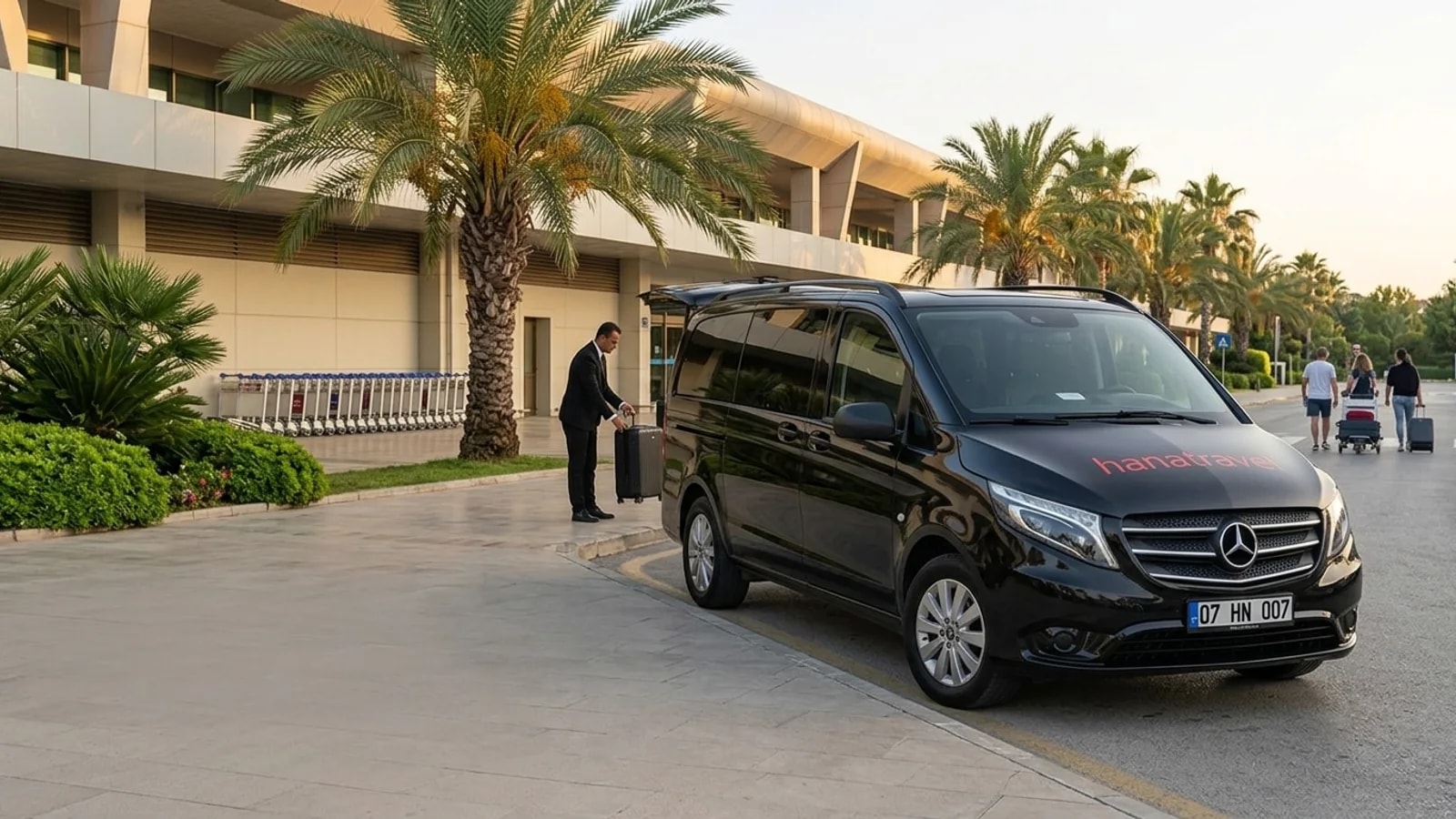 A black transfer van parked on a quiet palm-lined driveway near a resort in Antalya.